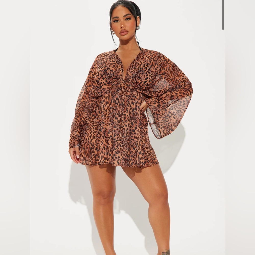 Leopard print sheer bathing suit coverup